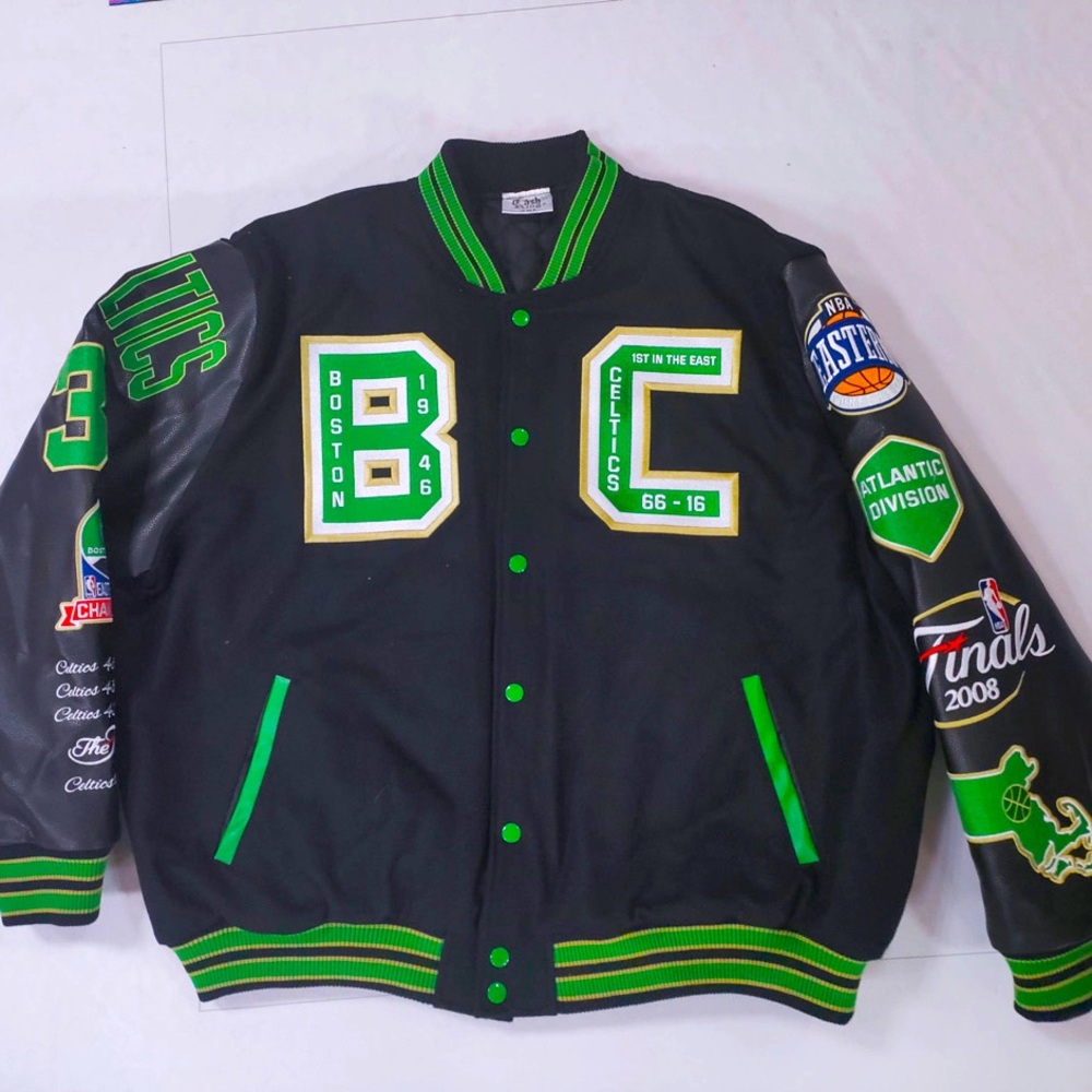 Show your love for the Boston Celtics with this black, green, and gold varsity.
